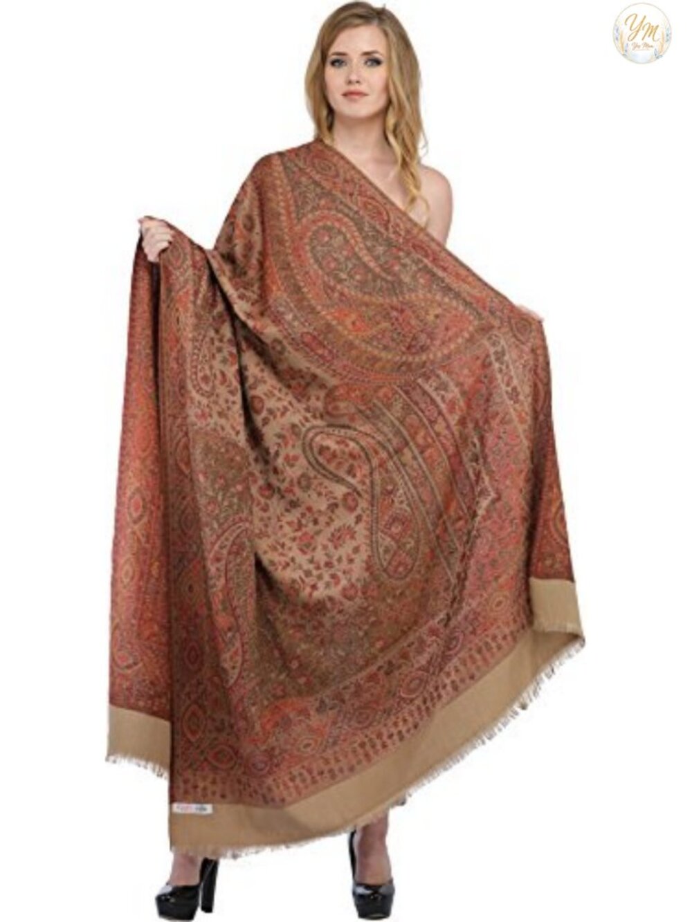 Reversible Jamawar Shawl Woven Paisleys Warm Wool Wrap